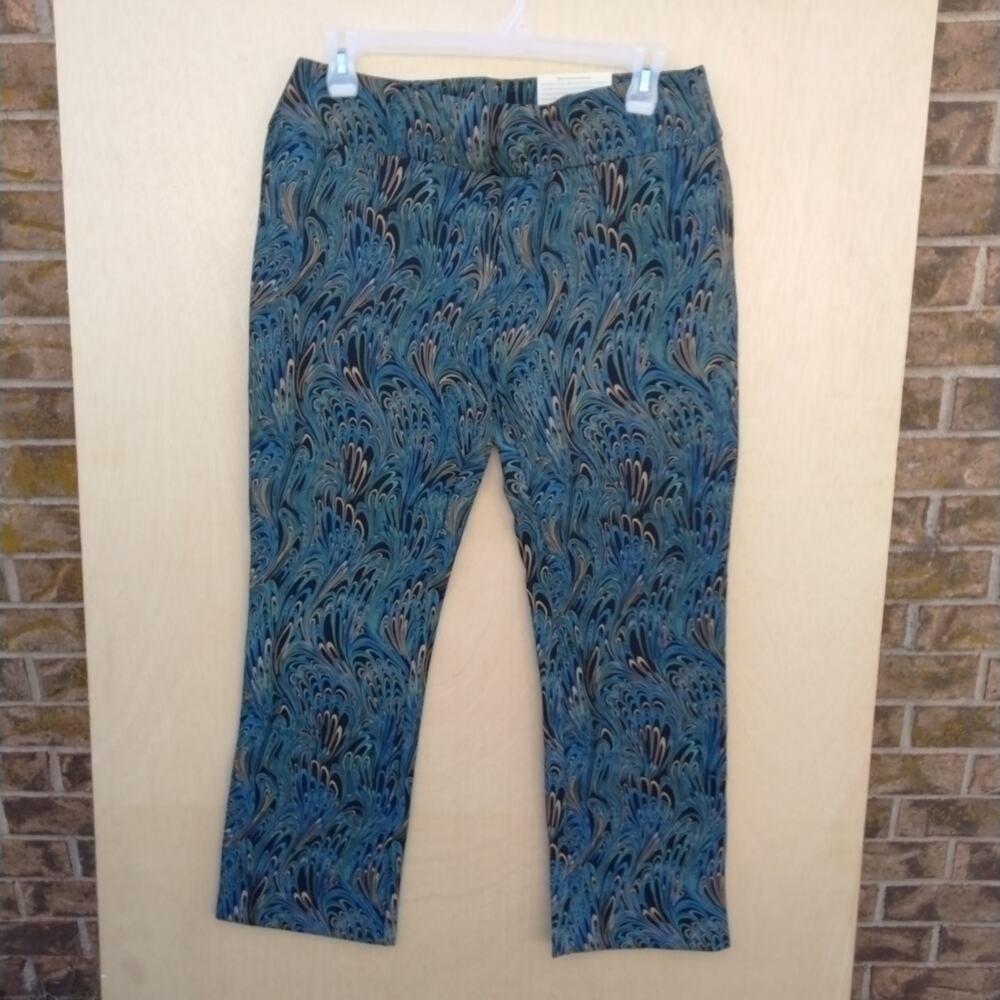 Soft Surroundings Marbled Print Peacock capri Stretch Straight Leg Blue Large 14